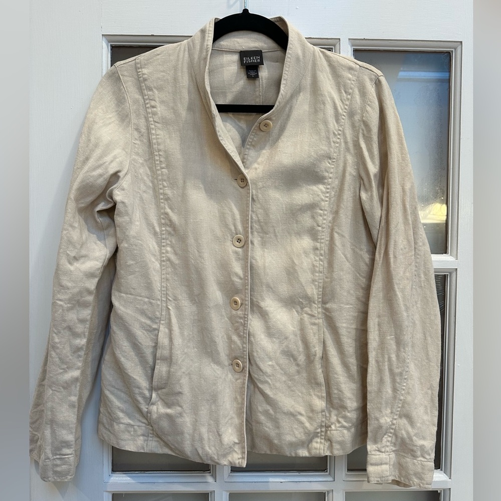 Eileen Fisher Linen Wool Cream Tan Lightweight Jacket Size S Small Minimalist